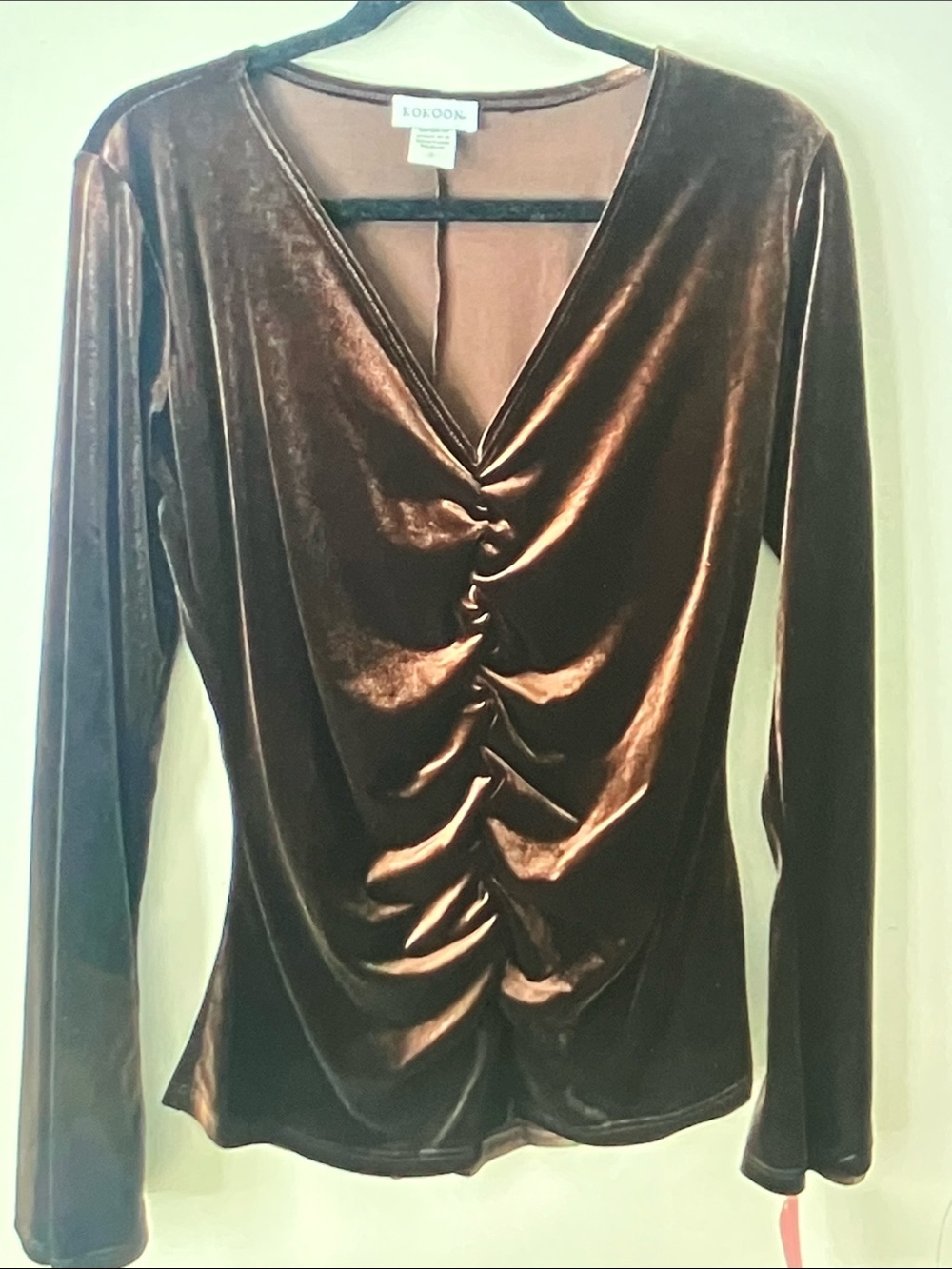 Eloquii Brown Velvet Ruched V-Neck Long Sleeve Top